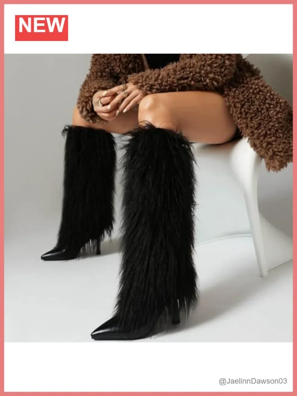 Faux Fur Trimmed Knee High Boots Stiletto Heel Fringe Side Zip Patent Leather